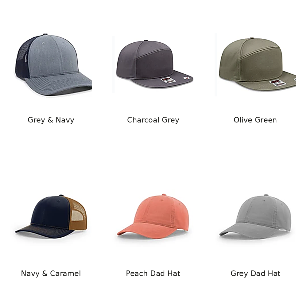 Six hat styles available: grey and navy trucker, charcoal grey, olive green, navy and caramel trucker, peach dad hat, and grey dad hat